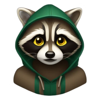 brown raccoon with yellow eyes and a dark green hood sticker