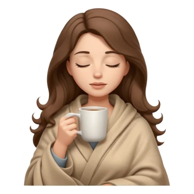 emoji-style illustration of a pretty relaxed woman with long wavy brown hair, wrapped in a cozy beige blanket, holding a mug cup, eyes closed, sad and a bit anxious expression, soft 3D cartoon rendering, warm and comforting mood, plain background
 sticker