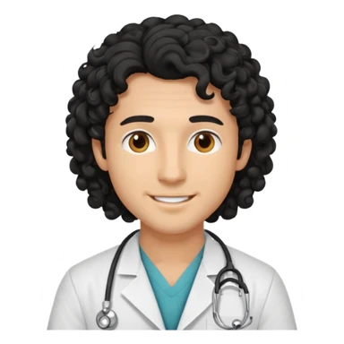 a young male doctor with black long curly hair and cheerful face without gpasses sticker