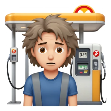 Disheveled person with anxious expression at a gas station pump sticker