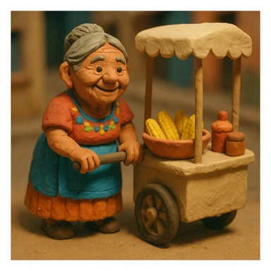 old Mexican lady pushing a food cart, warm and friendly, traditional dress, vibrant colors, street vendor, detailed, no text, claymation style sticker
