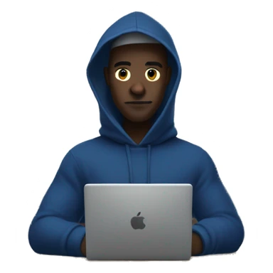 A man in a dark blue hoodie with a capelet on his head, his face not visible in the shadows, is sitting at a computer. sticker