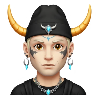 white skin Rock-style man — piercings, glowing tattoos on face, black hat with horns sticker