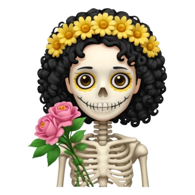 Skeleton with Flower Crown, curley hair black, with flower bouquet sticker