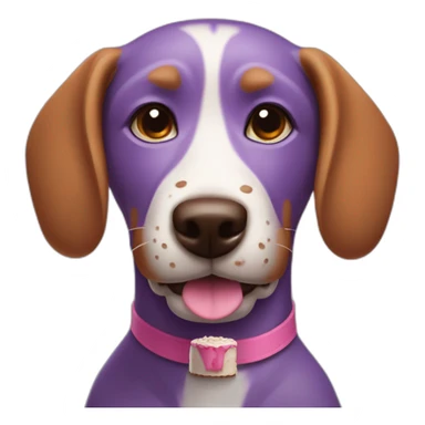 a purple dog with a brown nose and a pink collar with a bone eat cake sticker