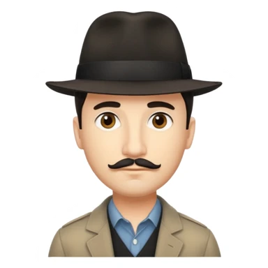 A light-skinned man with short dark hair, thin straight mustache, and a black fedora, with an oval face and calm look. sticker
