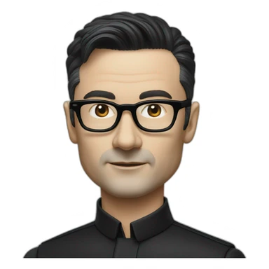 small Hyper realistic Ralf Hutter from Kraftwerk, short straight black hair, black glasses, thin, black shirt, side view, riding open top black tesla model 3 sticker