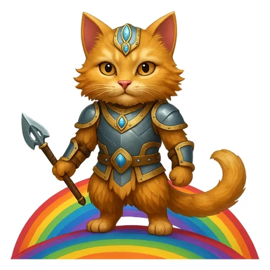 Add a rainbow bridge beneath the valorous Viking cat in Valhalla. Keep the background transparent. The style should match the original image's look and feel. sticker