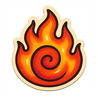 retro sticker style drawing of a flame with a spiral core, bold outlines, juicy colors, dramatic highlights and shadows, whimsical and fun fire sticker