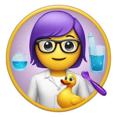 all the emojies are iphone styled, rubber duck faced to the side (3rd person), holding a lab glass full with purple liquid and having glasses sticker