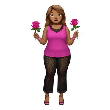 A plus-size Black woman with long, straight, light brown hair is wearing a fuchsia sleeveless shirt and black lace pants. She is standing with fuchsia-painted nails and is holding a rose. sticker