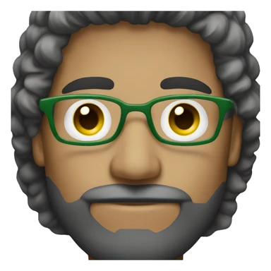 homem branco, olhos verdes, cabelo grisalho e barba, usa óculos sticker