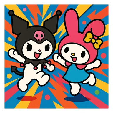 Kuromi and My Melody together, energetic pose, bold colors sticker