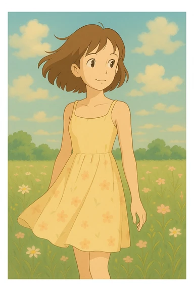 Make the dress butter yellow with thin straps, keep the ghibli style, soft colors, gentle lighting. sticker