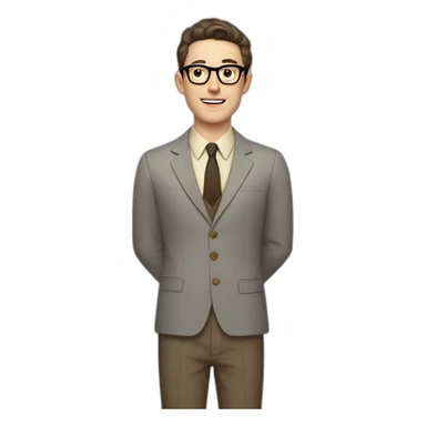 Full height Pale skinned Fit Man With dark brown hair in gray jacket, beige office shirt, tie, Brown pants and vintage glasses. Thrumbs of his palms directed up sticker