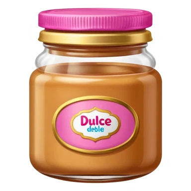 little ronded glass jar of dessert (dulce de letche) with golden lid and pink label sticker