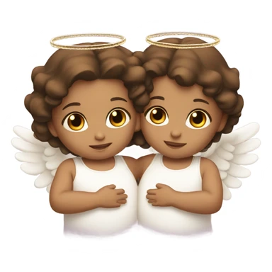 2 twin baby girls with brown hair with a halo and angel wings sticker