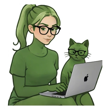 Blonde woman ponytail  with cat and MacBook  sticker