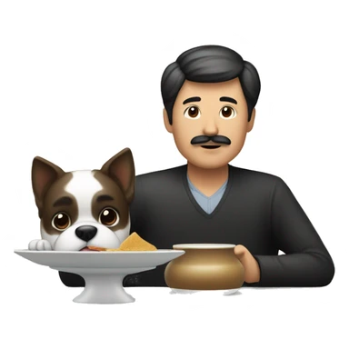 A Chinese man with mustache with a plate in front of him on a table. there is a dog on the table sticker
