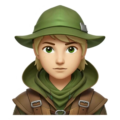 Clash of Clans aesthetic friendly Ranger Portrait Emoji, With a lean, agile build clad in earth-toned leather and green accents, a keen, focused gaze and a weathered hood shadowing determined eyes, his face rendered in a natural skin tone (not yellow), Simplified yet sharply defined features, highly detailed, glowing with a soft, natural woodland radiance, high shine, intelligent and resolute, stylized with an air of forest guardian authority, focused and alert, soft glowing outline, capturing the essence of a confident ranger ready to defend the wild with stealth and valor! sticker