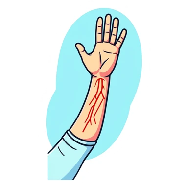 Forearm with allergy skin prick test showing red reaction bumps, 5 fingers visible at the wrist, medical procedure sticker