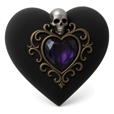 3D black style gothic heart, black velvet texture, silver skull charm, deep purple gemstone, ornate and dark gothic design sticker