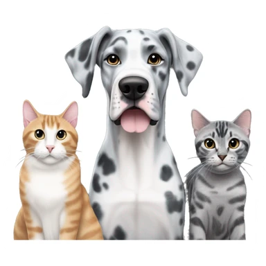 Blue Merle Great Dane next to two tabby cats and one black cat sticker