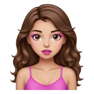 girl with long wavy brown hair, brown eyes, light to medium complexion, in a pink sexy top, pink lips, long lashes, puckered lips, what ever sticker