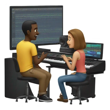 people in a music studio. one is looking at the computer and two more watching sticker