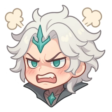 Viego from League of Legends, chibi style emote, only head, angry expression, steam coming from head sticker