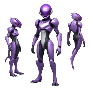 A Reptile-Raptor-Genesect-Mewtwo-Fakémon, with a futuristic visor-helmet, wearing a techwear-suit Full Body sticker