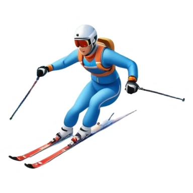 An icon featuring snowy peaks, pine trees, and a picturesque mountain landscape with a skier racing down a snow-covered slope, The sky is blue with soft clouds, capturing the thrill and beauty of alpine skiing. Transparent background highlights the excitement and serenity of winter sports. sticker