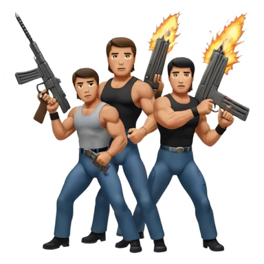 Icon for Action Movies: Schwarzenegger as John Matrix in Commando and Stallone as John Rambo in Rambo, both in iconic action poses with weapons, intense expressions, and explosive backgrounds. Powerful and dynamic with dramatic lighting. Transparent background. sticker