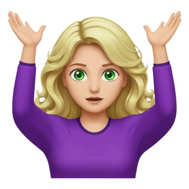 lady with long blonde wavy hair, green eyes and purple top top throwing arms in the as if confused sticker