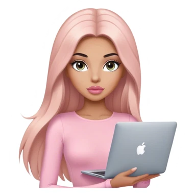 Glamours, tanned, very beautiful girl, with big pump peach-beige-rose lips, long lashes, black straight smooth silky long hair, straight parting hair, blue-grey eyes, in light-pink bodysuit holding MacBook sticker