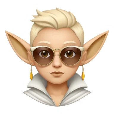 Create a fantasy-style emoji of a character inspired by the high Fae archetype, featuring pointed ears and sharp, majestic features. The emoji should be wearing oversized, stylish sunglasses, adding a touch of modern flair. Make sure the expression is confident and slightly enigmatic, perfect for conveying a sense of mystery and charm in digital conversations. sticker