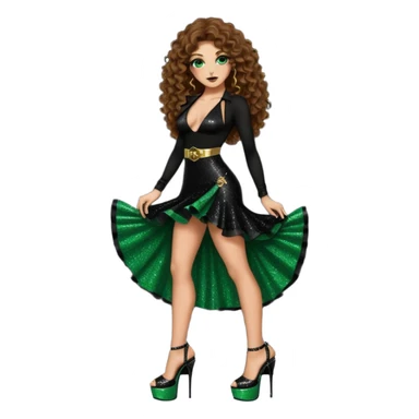 green eyes brown long curly hair woman, cartel boss with 7 inch platform stripper high heels black glitter dress, Los Angeles Spanish style black outfit sticker
