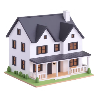 modern farmhouse dollhouse, white with black trim and wooden accents, 3d isometric  sticker