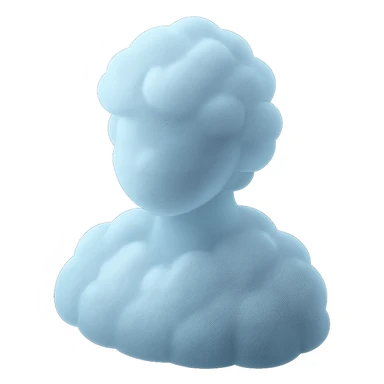 person made entirely of white fluffy convex clouds, shoulder up, front view, matte glass style sticker