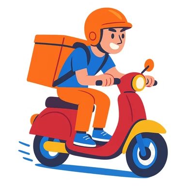 courier riding a moped, colorful cartoon style, dynamic pose sticker