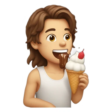 boy with brown long hair licking icecream sticker