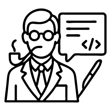 minimal icon of a serious elegant scholar with pipe, glasses, suit, standing before a document with stylized writing hinting at AI chat window, scalpel motif present, color palette inspired by vintage libraries and Cambridge, sophisticated and technical sticker