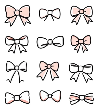 various bow styles including classic, ribbon, double, tied in pastel colors dd9fb0, ffc6d3, a3bfc9, c4bee2, f1b091, hand-drawn doodle style sticker