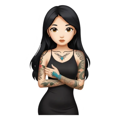 Beautiful Asian girl with long black hair and body tattoos wearing a black dress sticker