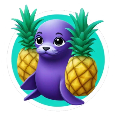 purple-colored seal holding teal-colored pineapple sticker