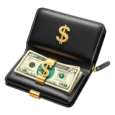 Rich emoji style black leather wallet with dollar bills, luxury money vibe, premium 3D emoji, ultra clean, high detail, no background
 sticker