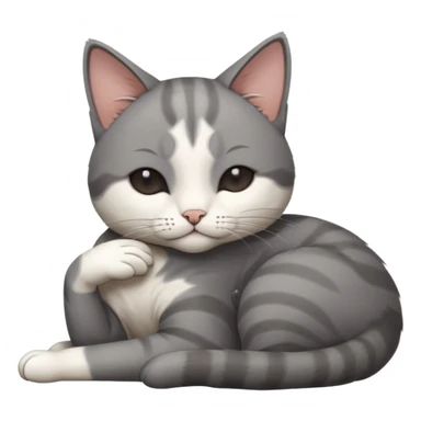 dark grey and white small cat with his eyes closed, leaning his head on his paw while leaning on his elbow lying down sticker