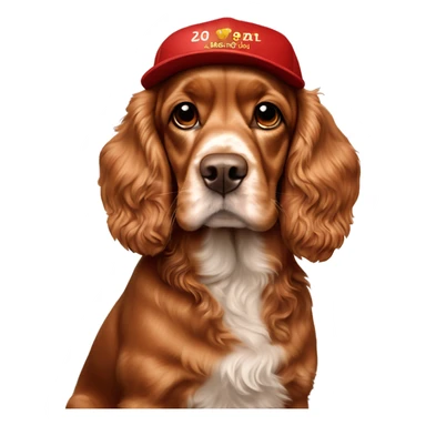 A full-length, adult, red cocker spaniel in a New Year's cap, siting sticker