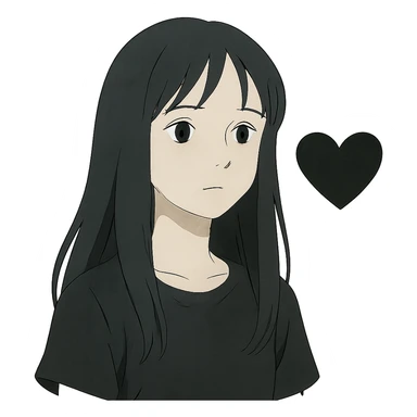 ghibli style pale girl with long black hair and a black heart sticker