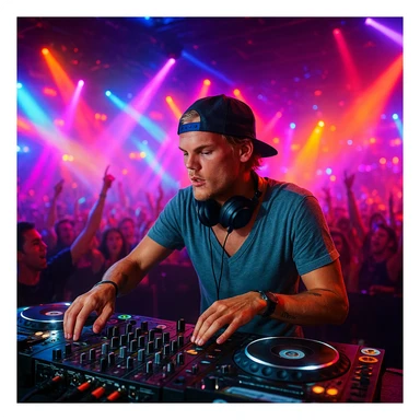 Avicii, DJ at turntables, vibrant club scene, dynamic lighting sticker